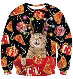 IDGREATIM Unisex Christmas Sweater lustige Katze Print Langarm hässlich Weihnachten Pullover Sweatshirt Shirts schwarz XXL von IDGREATIM