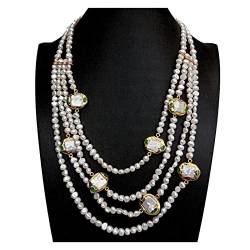 IDGTTLDF Ketten für Damen 4 Reihen natürliche kultivierte Süßwasser-weiße Fancy-Perlen-Quadrat-Perlen-vergoldete Halskette 21 Zoll von IDGTTLDF