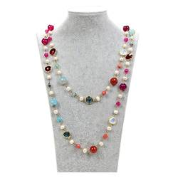 IDGTTLDF Ketten für Damen Schmuck 56 Zoll natürliche kultivierte weiße Perlen-multi Farben-Achat-Kristall-lange Halskette erfüllen von IDGTTLDF