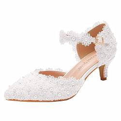Damen Spitze Perle Fersen Hochzeit Schuhe,Pointed Toe Low Heels Brautschuhe,Prom,Party Geschlossene Zehe Sandalen,Weiß,37 EU von IDOBLO