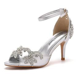 IDOBLO Bridal Brautschuhe, Strass Sandalen Mit Offener Zehenpartie 7Cm Damen Pumps Hochzeitsschuhe Hoher Absatz,Silber,39 EU von IDOBLO