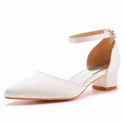 IDOBLO Satin Damen Brautschuhe Hoch Absatz Pumps,4Cm Spitz Hochzeitsschuhe Blockabsatz, Weiß,Off White,34.5 EU von IDOBLO