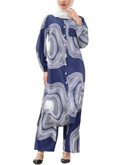 IDOPIP Abaya Kleid für Damen, muslimisches Set, langärmelig, Chiffon, islamisches Kleid, Hemd mit Hose, 2 Stück, Dubai-Gebet, Freizeitkleidung, Marineblauer Druck, X-Large von IDOPIP