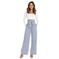 IDOPIP Anzughose Damen Elegante Business Büro Hose Hohe Taille Lang Weite Hose mit Gürt ElastischerLang Weite Sommer Freizeithose Hellblau M von IDOPIP