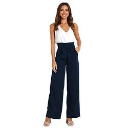 IDOPIP Anzughose Damen Elegante Business Büro Hose Hohe Taille Lang Weite Hose mit Gürt ElastischerLang Weite Sommer Freizeithose Marineblau M von IDOPIP