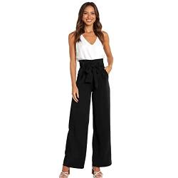 IDOPIP Anzughose Damen Elegante Business Büro Hose Hohe Taille Lang Weite Hose mit Gürt ElastischerLang Weite Sommer Freizeithose Schwarz L von IDOPIP