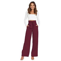 IDOPIP Anzughose Damen Elegante Business Büro Hose Hohe Taille Lang Weite Hose mit Gürt ElastischerLang Weite Sommer Freizeithose Weinrot XL von IDOPIP