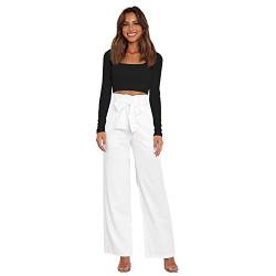 IDOPIP Anzughose Damen Elegante Business Büro Hose Hohe Taille Lang Weite Hose mit Gürt ElastischerLang Weite Sommer Freizeithose Weiß L von IDOPIP