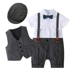 IDOPIP Baby Jungen Bekleidung Set, Junge Gentleman Outfit Strampler + Weste + Hut Fliege 3tlg Taufkleid Junge | Outfit für festliche Anlässe | Geburtstag | Hochzeit #1 Schwarz 3-6 Monate von IDOPIP