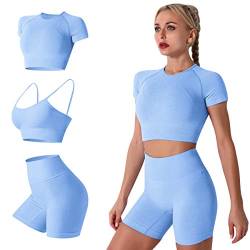 IDOPIP Damen 3teiliger Trainingsanzug Nahtlose Yoga Kleidung Kurzärmliger Crop-Top-Sport-BH und Shorts mit hoher Taille Laufbekleidung Sportanzüge Sportswear fur Gym Fitness Blau Small von IDOPIP