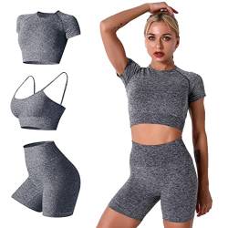 IDOPIP Damen 3teiliger Trainingsanzug Nahtlose Yoga Kleidung Kurzärmliger Crop-Top-Sport-BH und Shorts mit hoher Taille Laufbekleidung Sportanzüge Sportswear fur Gym Fitness Grau Small von IDOPIP