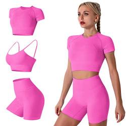 IDOPIP Damen 3teiliger Trainingsanzug Nahtlose Yoga Kleidung Kurzärmliger Crop-Top-Sport-BH und Shorts mit hoher Taille Laufbekleidung Sportanzüge Sportswear fur Gym Fitness Pink Medium von IDOPIP