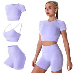 IDOPIP Damen 3teiliger Trainingsanzug Nahtlose Yoga Kleidung Kurzärmliger Crop-Top-Sport-BH und Shorts mit hoher Taille Laufbekleidung Sportanzüge Sportswear fur Gym Fitness Violett Large von IDOPIP