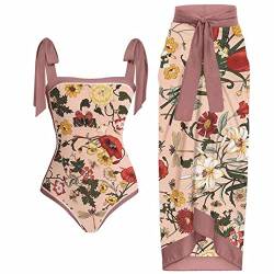 IDOPIP Damen Einteiler Badeanzug mit Strand Cover Up Wickelrock Sarong Retro Blumendruck Bikini Set Zweiteiliger Badeanzug, Dunkelrosa Blumenmuster, XL von IDOPIP