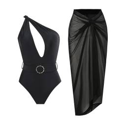 IDOPIP Damen Einteiliger Badeanzug mit Strandvertuschung Wickelrock Sarong Retro Blumendruck Bikini Set Zweiteilige Badeanzüge, Schwarz – Ausschnitt, X-Large von IDOPIP