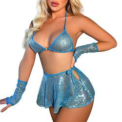 IDOPIP Damen Erotic Dessous Set 3 Stück Halter Bikini BH Top + Panty +Mini Röcke Sex Costumes Erotische Unterwäscshe Babydoll Sexy Lingerie Sets Blau L von IDOPIP