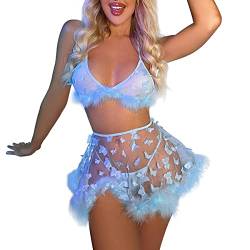 IDOPIP Damen Erotic Dessous Set 3 Stück Halter Bikini BH Top + Panty +Mini Röcke Sex Costumes Erotische Unterwäscshe Babydoll Sexy Lingerie Sets Hellblau L von IDOPIP