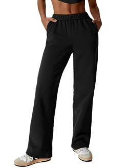 IDOPIP Jogginghose Damen Winter Verdickte Fleece Wide Leg Sweathose Winter Verdickte Geradem Bein Baggy Jogginghose Lange Freizeithose Trainingshose Jogger mit Taschen Schwarz M von IDOPIP