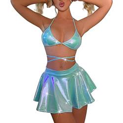 IDOPIP Rave Outfits für Fraue 3 Stück Dessous Sets Sexy Metallic Holografisches Glitzer Halter Bikini BH Top +Mini Röcke Oberteil Set für Festival Tanz Clubwear Party Grün M von IDOPIP