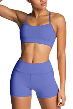 IDOPIP Sport Set Damen, Kreuz Rücken Yoga-BH & Hohe Taille Gym Shorts Workout Set Sport Outfit Fitness Set 2 Piece Trainingsanzüge Blau M von IDOPIP