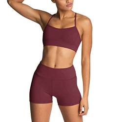 IDOPIP Sport Set Damen, Kreuz Rücken Yoga-BH & Hohe Taille Gym Shorts Workout Set Sport Outfit Fitness Set 2 Piece Trainingsanzüge Burgundisch L von IDOPIP