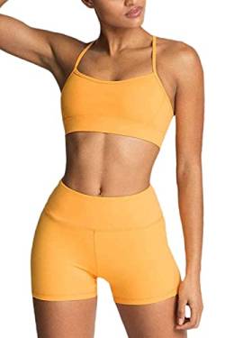 IDOPIP Sport Set Damen, Kreuz Rücken Yoga-BH & Hohe Taille Gym Shorts Workout Set Sport Outfit Fitness Set 2 Piece Trainingsanzüge Gelb S von IDOPIP