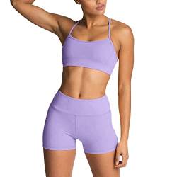 IDOPIP Sport Set Damen, Kreuz Rücken Yoga-BH & Hohe Taille Gym Shorts Workout Set Sport Outfit Fitness Set 2 Piece Trainingsanzüge Lila M von IDOPIP