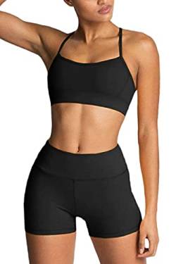 IDOPIP Sport Set Damen, Kreuz Rücken Yoga-BH & Hohe Taille Gym Shorts Workout Set Sport Outfit Fitness Set 2 Piece Trainingsanzüge Schwarzer L von IDOPIP