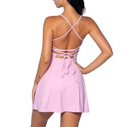 IDOPIP Tenniskleid für Damen mit integriertem BH und Shorts mit Taschen Sexy Schnürung Rückenfreies Golf Athletic Sportkleider Ärmelloses Sommer-Minikleid in A-Linie Rosa XL von IDOPIP