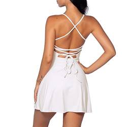 IDOPIP Tenniskleid für Damen mit integriertem BH und Shorts mit Taschen Sexy Schnürung Rückenfreies Golf Athletic Sportkleider Ärmelloses Sommer-Minikleid in A-Linie Weiß XS von IDOPIP