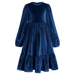 Mädchen Samtkleid Vintage Herbst Winter Kleid Langarm A-Linie Swing Midikleider Basic Kinder A-Linie Freizeitkleid Rundhals Skaterkleider Marineblau 9-10 Jahre von IDOPIP