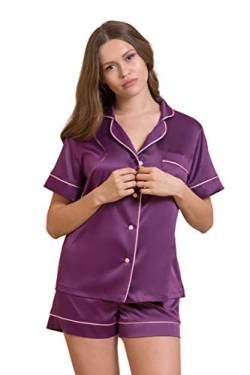 Pyjama-Set aus Seide, Brautjungfer, kurzer Pyjama mit Paspelierung, Damen-Schlafanzug, Nachtwäsche Gr. Large, violett von IDentity Lingerie