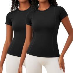 IECCP Damen Sport Fitness T-Shirt Kurzarm V-Ausschnitt Laufshirt Shortsleeve Yoga Top 2er Pack von IECCP