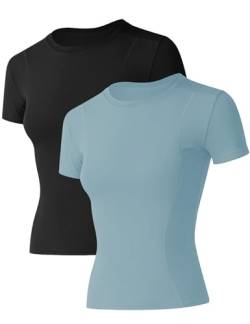 IECCP Damen Sport T-Shirt Kurzarm Laufshirt Leicht Atmungsaktiv Jogging Fitness Oberteil Elastisch Quick Dry Funktionsshirt 2er Pack L von IECCP