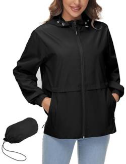 IECCP Damen Wasserdichte Faltbar Regenjacke mit Kapuze, Leicht Atmungsaktive Windbreaker Jacke, Fahrradjacke für Frauen Fahrrad Sport Outdoorjacke Schwarz XL von IECCP