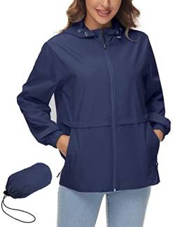 IECCP Regenjacke Damen Leicht Sommer Jacken Wasserdicht Atmungsaktiv Windjacke Faltbare Dünne Regenmantel Sportjacke Navy Blau M von IECCP