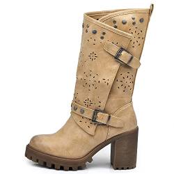 IF Fashion Damen-Stiefeletten mit großem Absatz Plateau Nieten aus Kunstleder G669, 669 Beige, 40 EU von IF