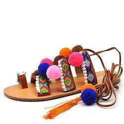 IF Fashion Schuhe Flache Sandalen Schnürschuhe Sklave Sommer Damen mit Pom Pom Bunt IF1317, If 1317 1 Camel, 40 EU von IF