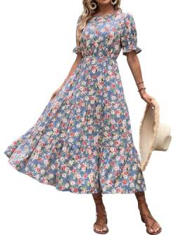 IFFEI Damen Sommerkleid Lang Elegant Boho Blumenkleider Puffärmel Rundhals Rüschenkleid Leicht Maxikleid Lila S von IFFEI