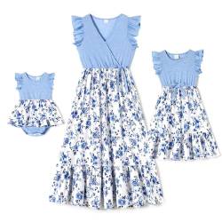 IFFEI Mutter und Tochter Kleider Rüschenärmel Sommerkleid Familie Passende Outfits Blau Large von IFFEI