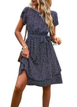 IFFEI Sommerkleid Damen Leicht Boho Blumenkleider Kurz Rüschen Strandkleid mit Gürtel Blau S von IFFEI