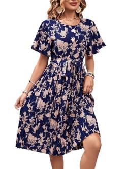 IFFEI Sommerkleid Damen Leicht Knielangkleider Blumen Kurzarm Plissee A-Linie Freizeitkleid mit Gürtel Blau XL von IFFEI