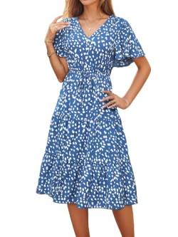 IFFEI Sommerkleid Damen V-Ausschnitt Kurzarm Polka Rüschenkleid Knielang Lang Leicht Freizeitkleid mit Gürtel Blau L von IFFEI