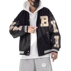 IFIKK Brief Handtuch Bestickt Jacke Mantel Herren Y2K Street Hip-Hop Retro Baseballuniform Paar Lässige Unisex All Match Jacke Top (Schwarz,XL) von IFIKK