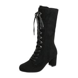 IFIKK Damen Mode Schnürstiefel Elegante Stiefel Mit Mittlerem Absatz Lässige Einfarbige über Knielange Lange Stiefel Gothic Vintage Retro Punk Stiefel Kurze Ferse Spitze Zehenstiefel (Schwarz,42) von IFIKK