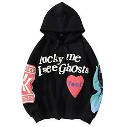 IFIKK Herren Kapuzenpullover Lucky Me I See Ghosts Hoodie Pullover Hip Hop Sweatshirt Kapuzenjacke Langarm Kapuzenpullover Rundhalsausschnitt Street Style Hoodie (XL, Schwarz Frontdruck) von IFIKK