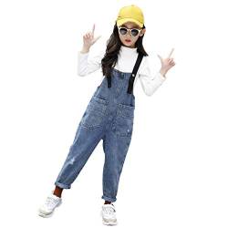 IFIKK Mädchen Overall Jeans Jumpsuit Kinder Latzhose Freizeit Denim Hosen Lang Overall Jeans Strampler Mit Hosenträger Jeanshose One Piece Jumpsuit (Blau, 130) von IFIKK