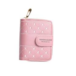 IFUDE Schöne Geldbörse Mädchen mit Reißverschluss Münzfach Kartenfächern Dünn Bifold Leder Gesticktem Herz Portemonnaie Damen (Rosa) von IFUDE