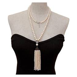 IFWGFVTZ Ketten für Damen Natürliche kultivierte weiße Süßwasserperle Pave Pearl Quaste Lange Halskette 40 Zoll Mode-Accessoires von IFWGFVTZ