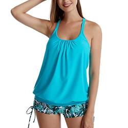 IHCEMIH Badeanzug Damen Tankini Push up Bauchweg High Waist Bademode Schnürung Blumen Badeanzüge Schwimmanzug Zweiteiler Sport Strand Sommer Oberteile Badeshorts Set Badekleid für Frauen Blau M von IHCEMIH